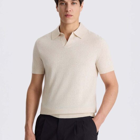 MOSS Cotton Linen Knitted Polo Shirt Oatmeal