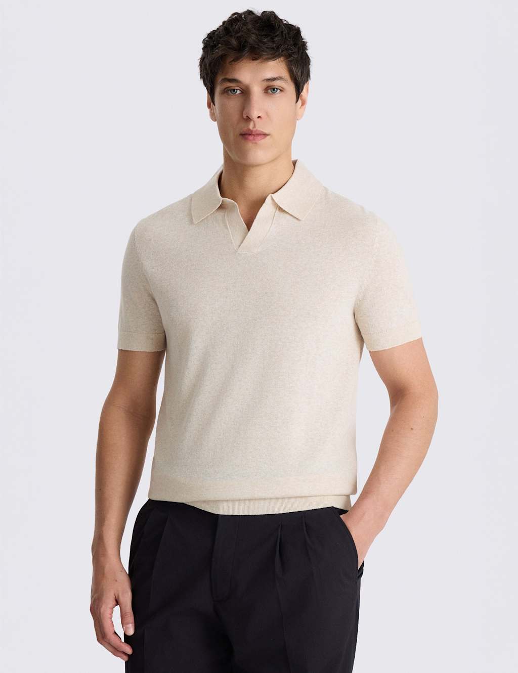 MOSS Cotton Linen Knitted Polo Shirt Oatmeal