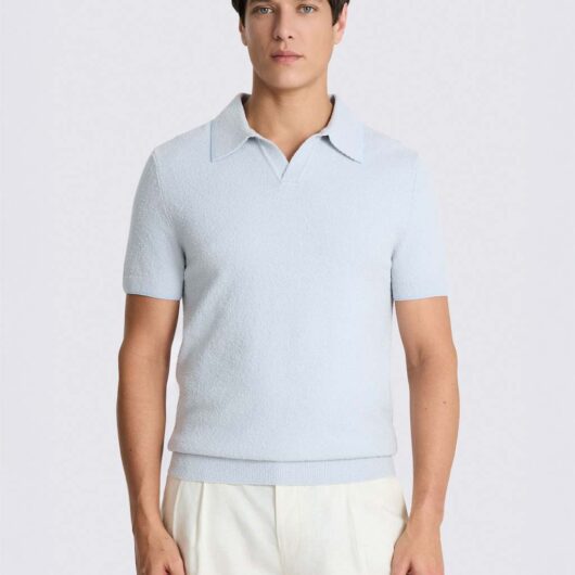 MOSS Cotton Rich Bouclé Knitted Polo Shirt Light Blue