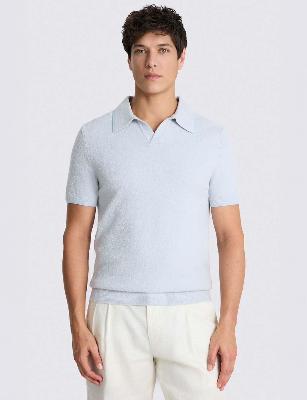 MOSS Cotton Rich Bouclé Knitted Polo Shirt Light Blue