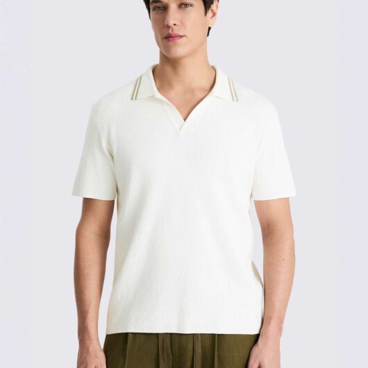 MOSS Cotton Rich Bouclé Knitted Polo Shirt Light Cream