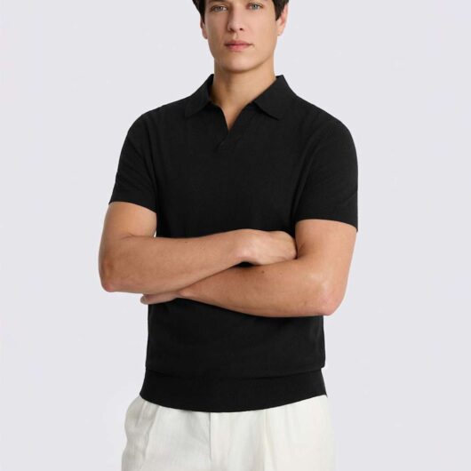 MOSS Linen Blend Knitted Polo Shirt Black