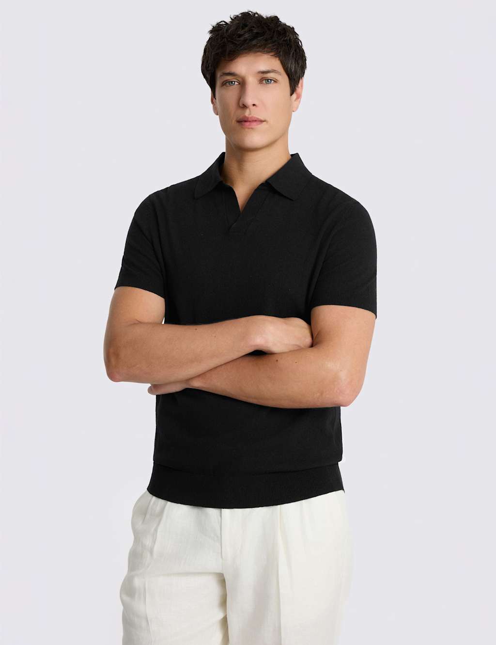 MOSS Linen Blend Knitted Polo Shirt Black