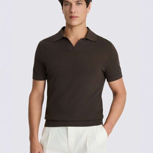 MOSS Linen Blend Knitted Polo Shirt Brown