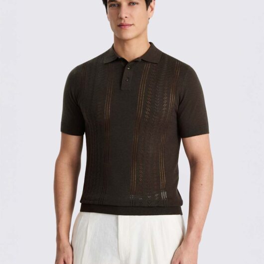 MOSS Pointelle Knitted Polo Shirt Brown