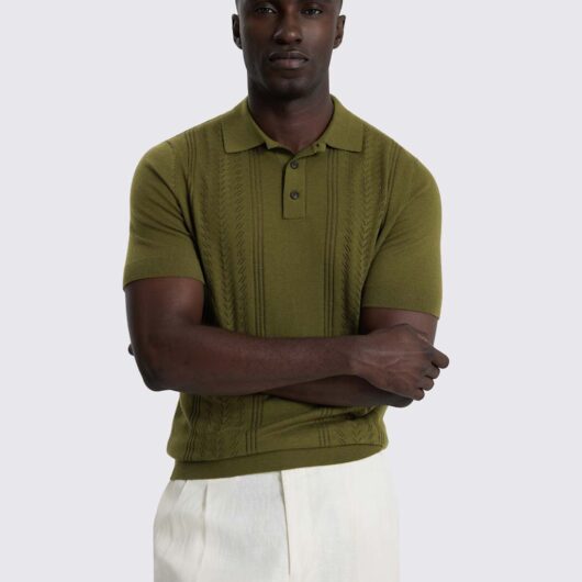 MOSS Pointelle Knitted Polo Shirt Olive