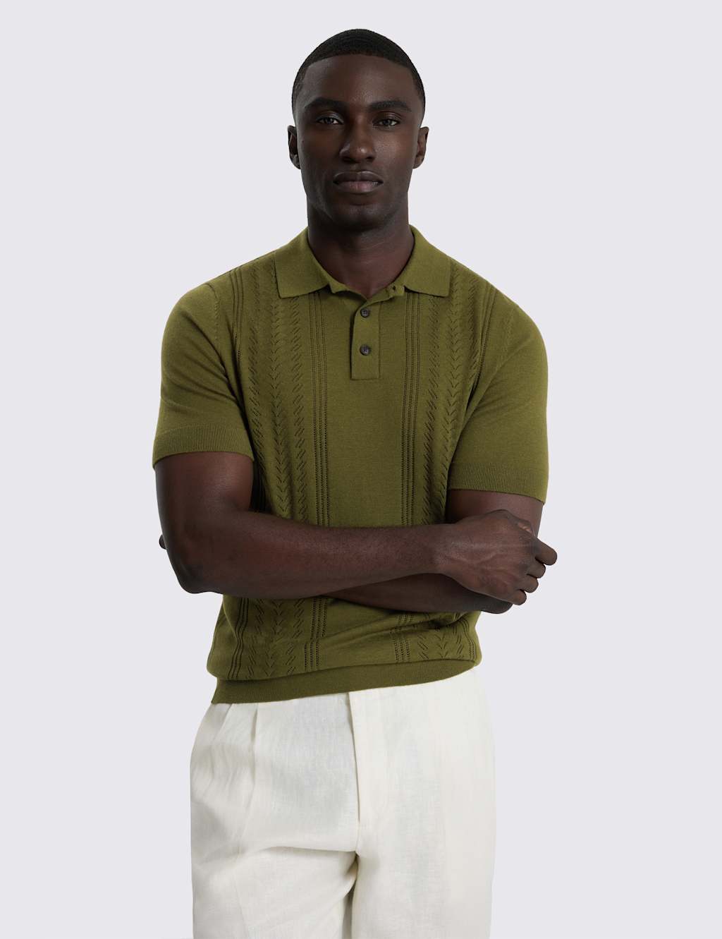 MOSS Pointelle Knitted Polo Shirt Olive