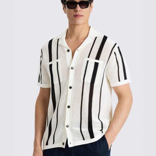 MOSS Pure Cotton Striped Knitted Shirt Navy Mix