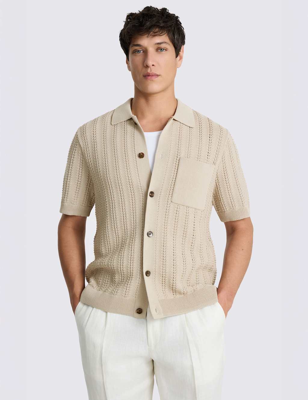 MOSS Regular Fit Cotton Rich Knitted Shirt Neutral