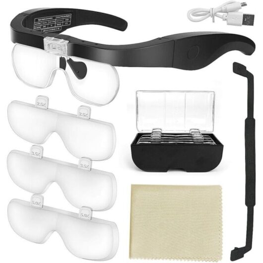 Magnifying Glasses with 2 LED Lights, Magnifying Headband, Hands-Free Magnifying Helmet for Sewing, Watches and Crafts, 4 Detachable Lenses