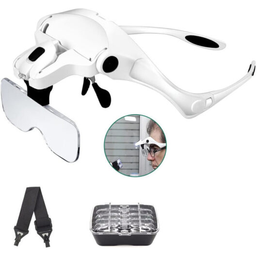 Magnifying Glasses with 2 LEDs - For all precision work, repairs, sewing, jewelry making, watchmaking and crafts - 5 detachable lenses (1.0X to 3.5X)