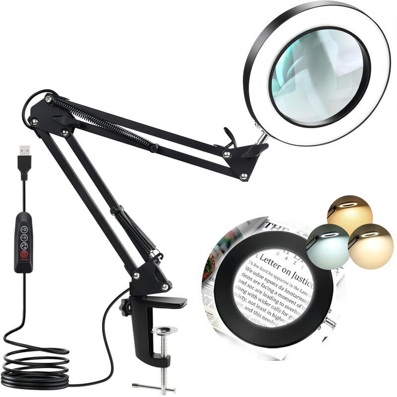 Magnifying Lamp, Desk Lamp with 10X Magnifier and LED, Illuminated Magnifier with Metal Clamp and Adjustable Swivel Arm, 3 Color Modes, 10 Brightness