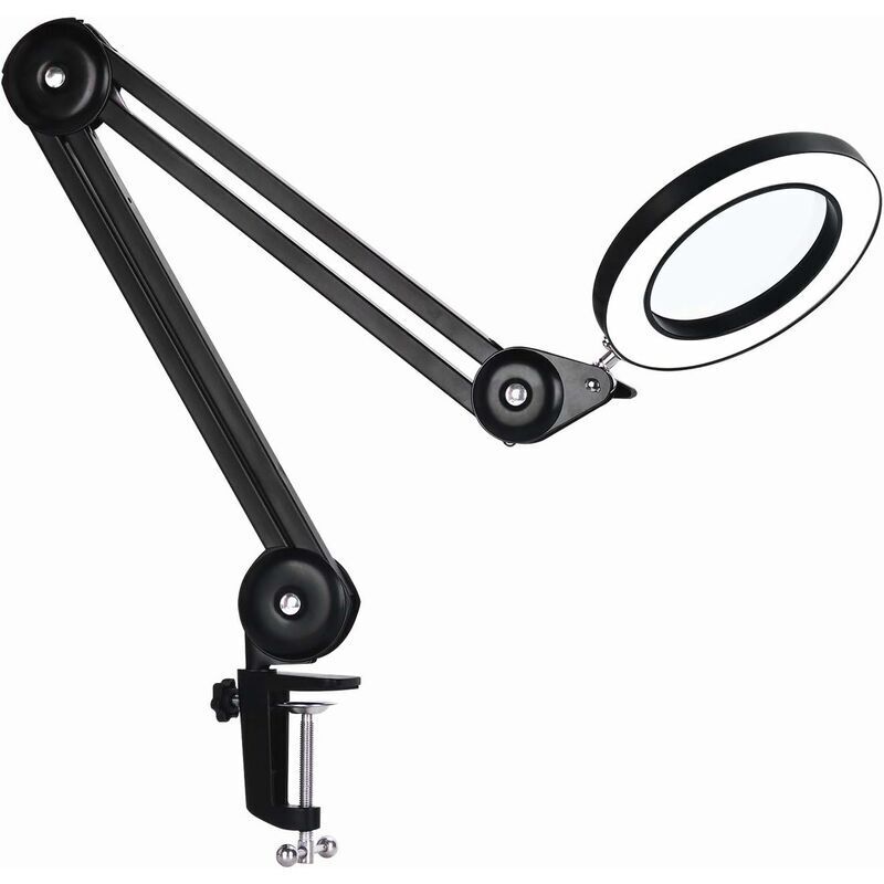 Magnifying Lamp, Work Light - with 160mm Glass Lens, 5 Diopters, Metal Clamp, Swivel Arm, 3-Color Dimmable Light, Black