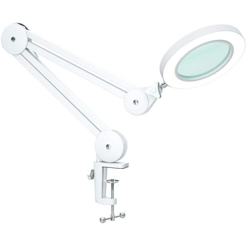 Magnifying lamp, work lamp - with 105 mm glass lens, 5 diopters, metal clip, swivel arm, dimmable lights in 3 color modes, 16 watts white