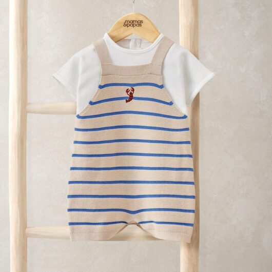 Mamas & Papas 2 Piece Pure Cotton Knitted Dungaree Outfit (0-18 Months) Blue