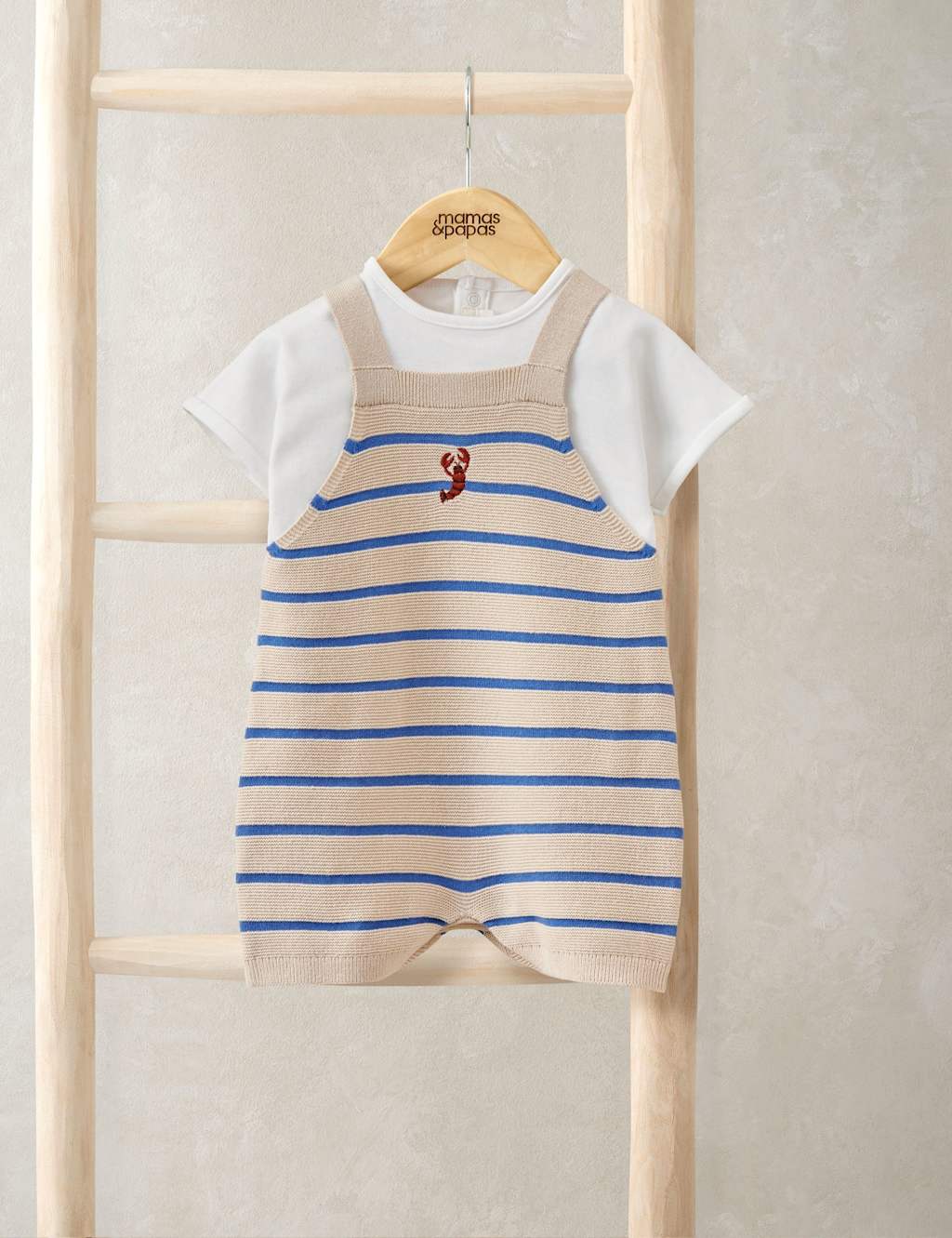 Mamas & Papas 2 Piece Pure Cotton Knitted Dungaree Outfit (0-18 Months) Blue