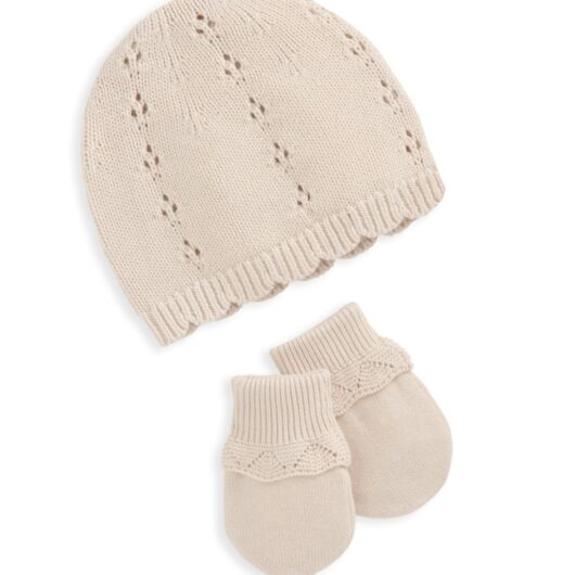 Mamas & Papas Kids' Pure Cotton Knitted Hat & Mittens Set (7lbs-12 Mths) Pink
