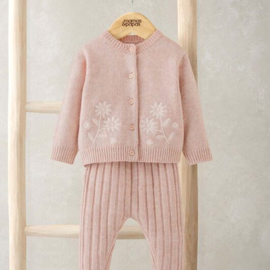 Mamas & Papas Knitted Floral Cardigan & Leggings Set (0-12 Mths) Pink