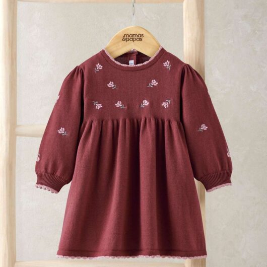 Mamas & Papas Pure Cotton Floral Embroidered Knitted Dress (0 Mths-3 Yrs) Red