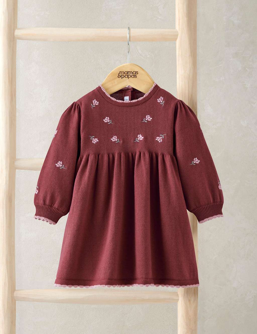 Mamas & Papas Pure Cotton Floral Embroidered Knitted Dress (0 Mths-3 Yrs) Red
