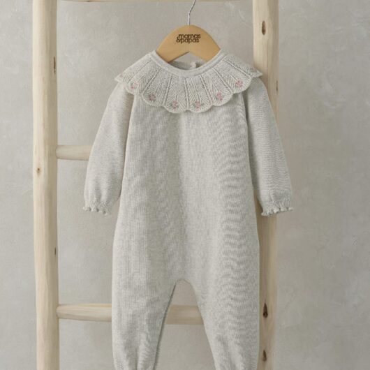 Mamas & Papas Pure Cotton Knitted Floral Romper (0-24 Mths) Beige