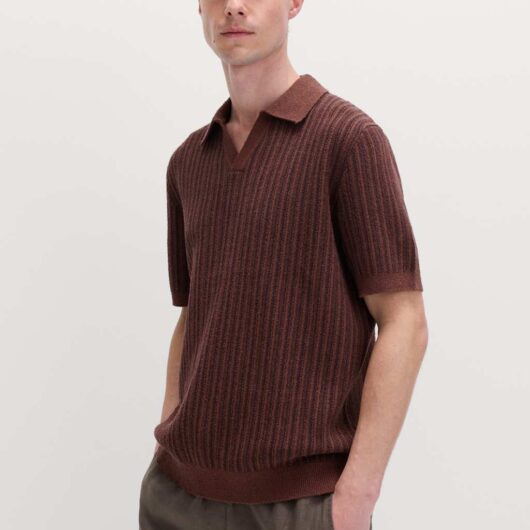 M&S Boucle Striped Open Neck Knitted Polo Shirt Chestnut