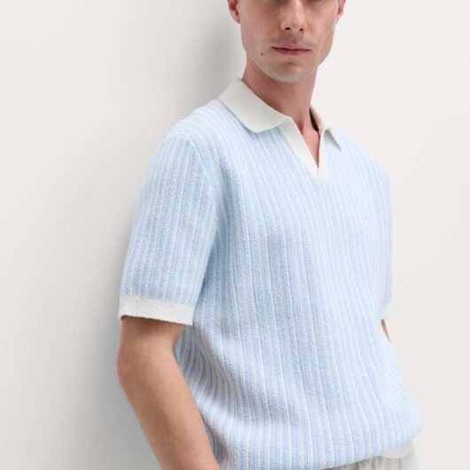 M&S Boucle Striped Open Neck Knitted Polo Shirt Powder Blue