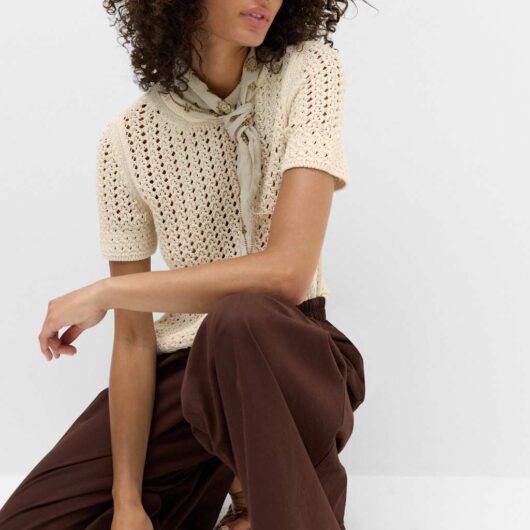 M&S Cotton Blend Textured Knitted Top Ivory