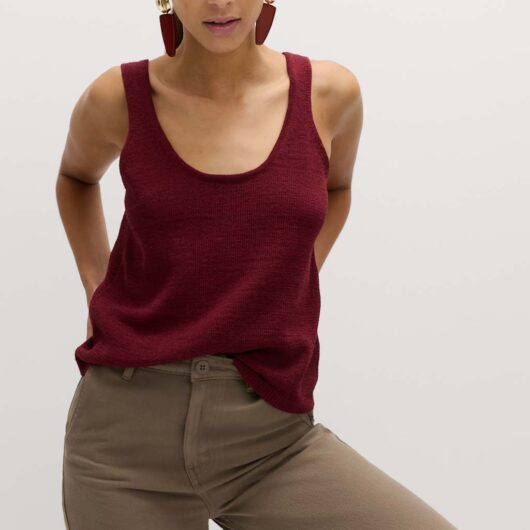 M&S Cotton Blend Textured Scoop Neck Knitted Vest Dark Claret
