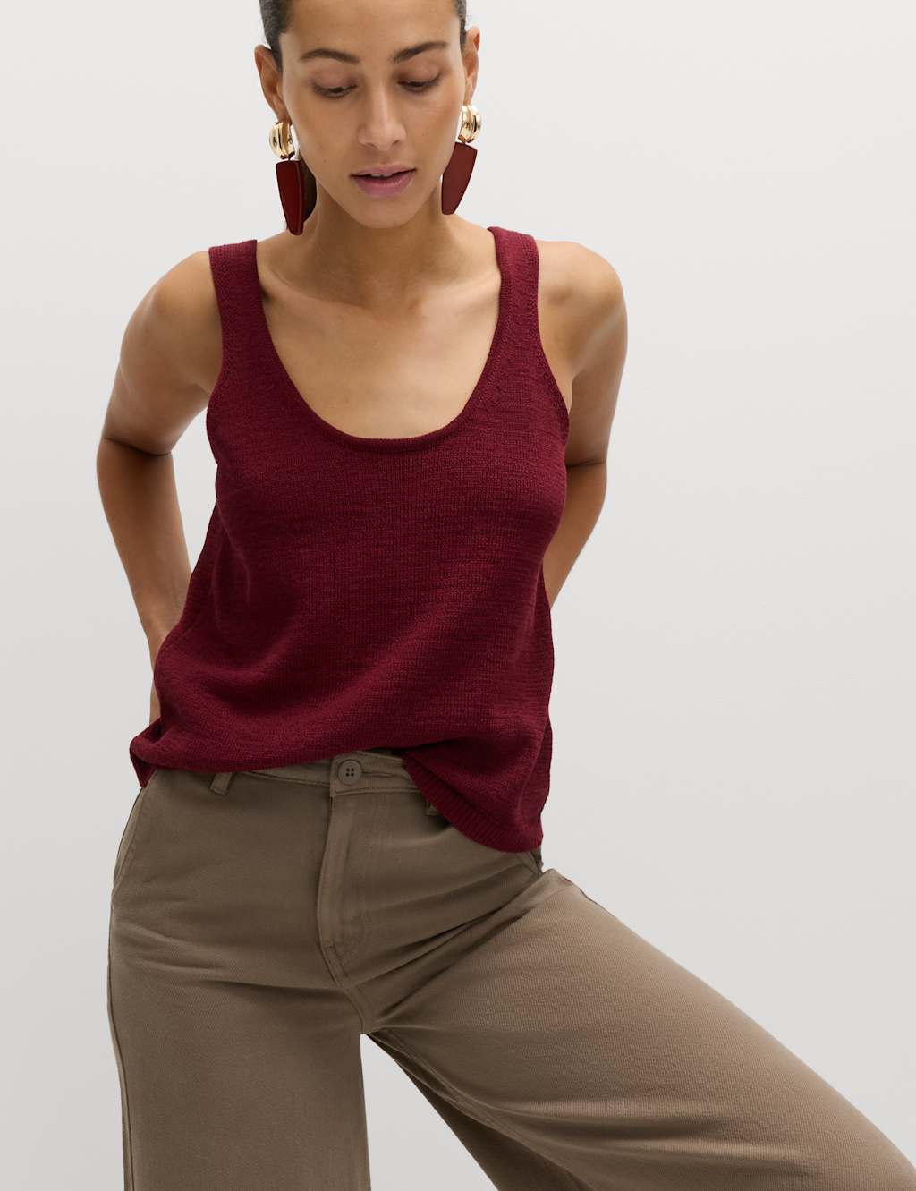 M&S Cotton Blend Textured Scoop Neck Knitted Vest Dark Claret