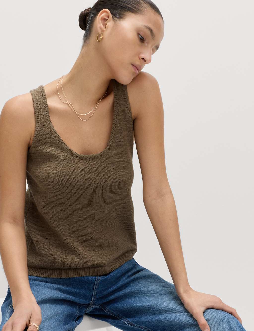 M&S Cotton Blend Textured Scoop Neck Knitted Vest Olive