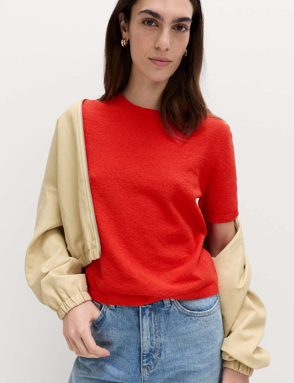 M&S Cotton Rich Boucle Slim Fit Knitted Top Chilli