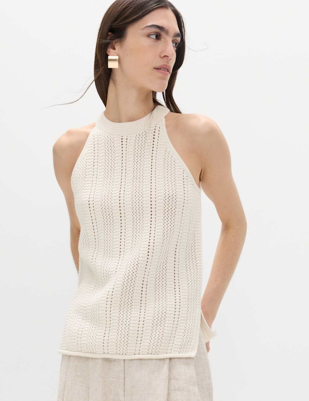 M&S Cotton Rich Crochet Style Knitted Vest Ivory