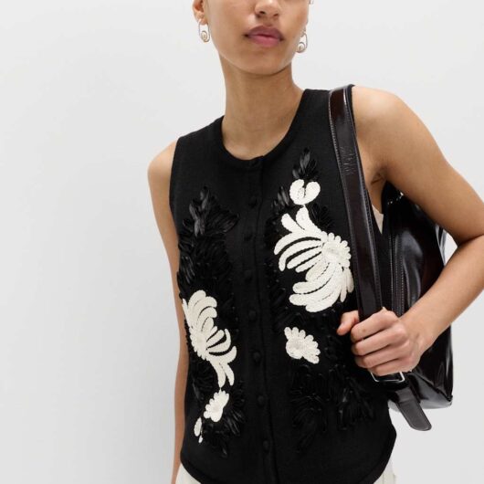 M&S Cotton Rich Embroidered Knitted Waiscoat Black Mix