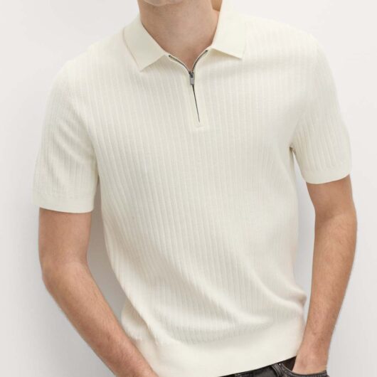 M&S Cotton Rich Ribbed Knitted Zip Up Polo Shirt Ivory