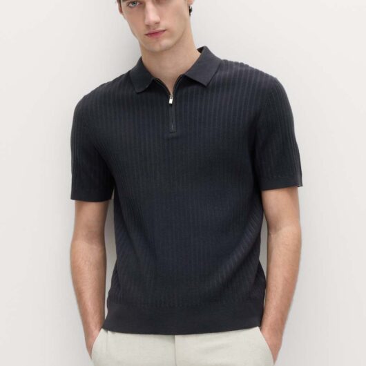 M&S Cotton Rich Ribbed Knitted Zip Up Polo Shirt Navy