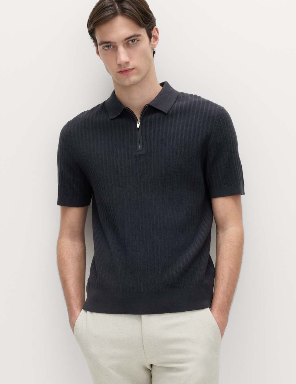 M&S Cotton Rich Ribbed Knitted Zip Up Polo Shirt Navy