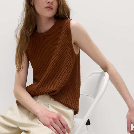 M&S Cotton Rich Slim Fit Knitted Top Brandy