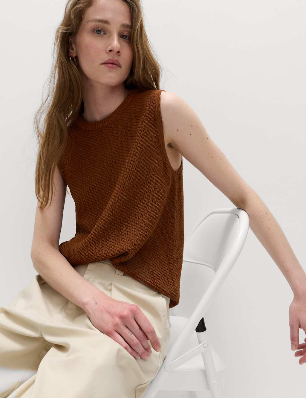 M&S Cotton Rich Slim Fit Knitted Top Brandy