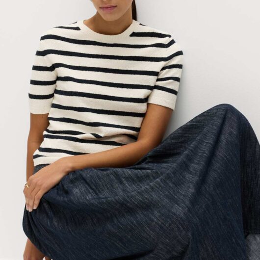 M&S Cotton Rich Striped Bouclé Knitted Top Ivory Mix