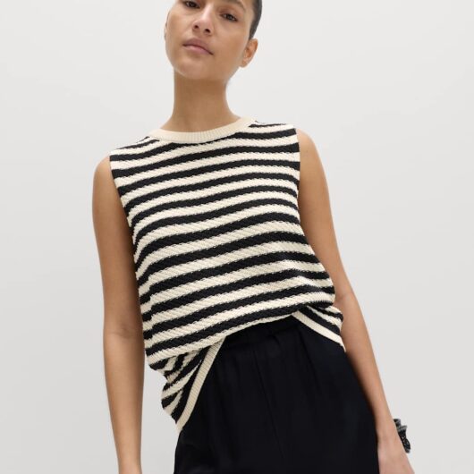 M&S Cotton Rich Striped Slim Fit Knitted Top Black Mix