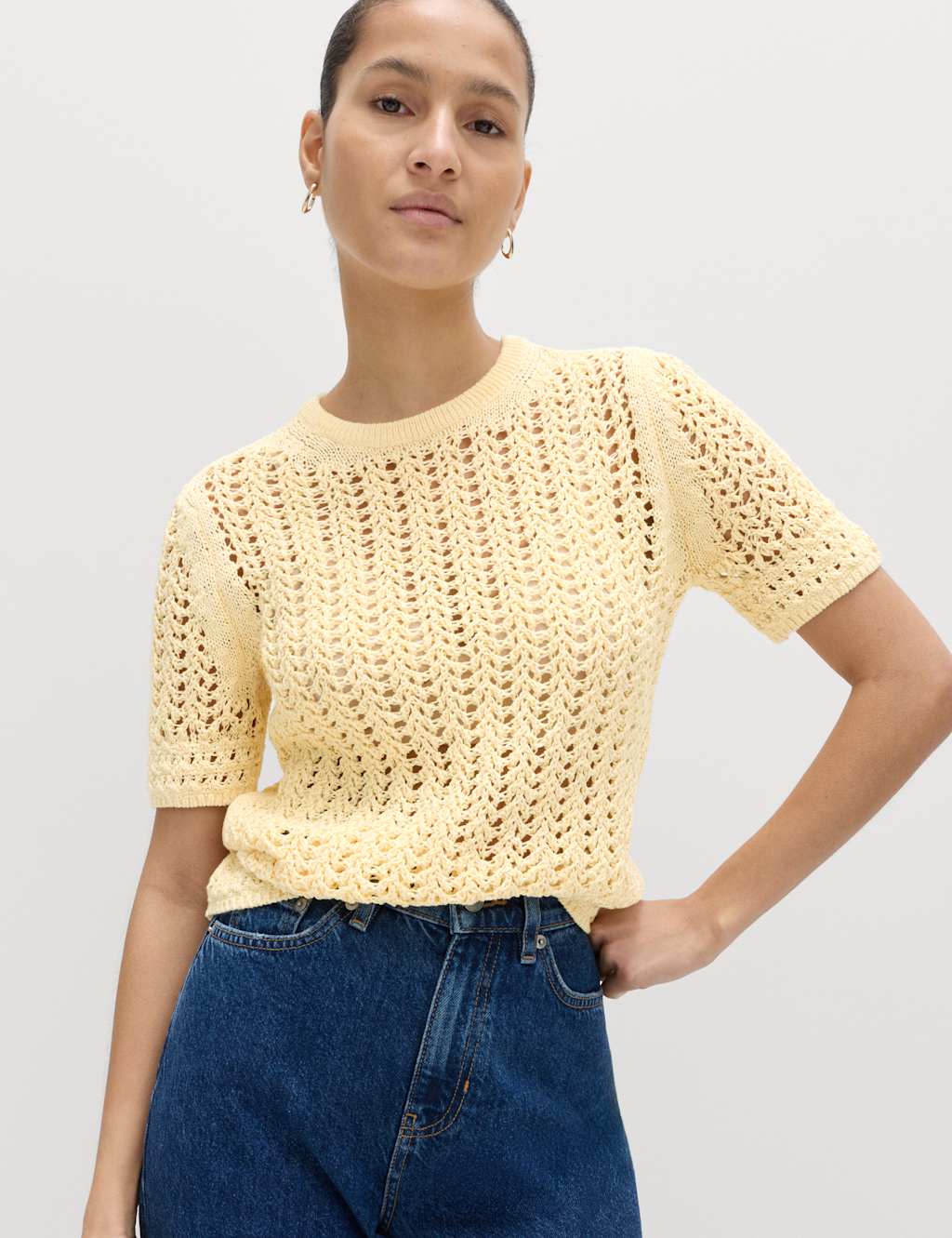M&S Cotton Rich Textured Knitted Top Pale Yellow