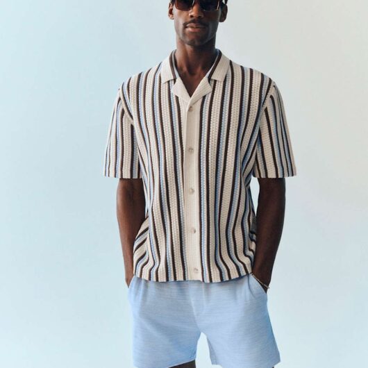 M&S Cotton Textured Striped Knitted Polo Shirt Blue Mix