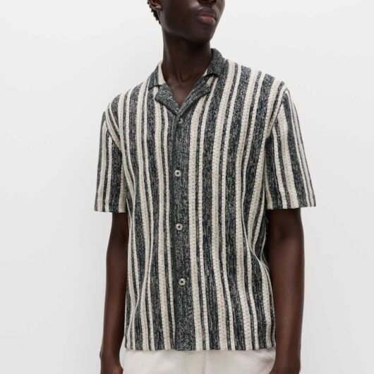 M&S Cotton Textured Striped Knitted Polo Shirt Navy Mix