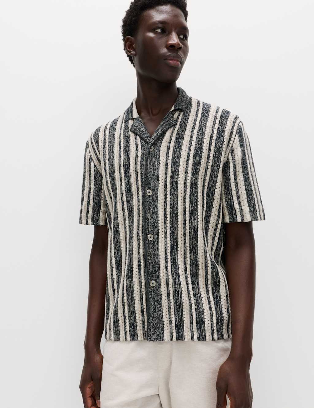 M&S Cotton Textured Striped Knitted Polo Shirt Navy Mix