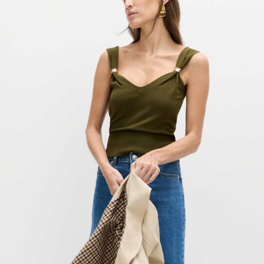M&S Hardware Detail Slim Fit Cropped Knitted Vest Dark Khaki