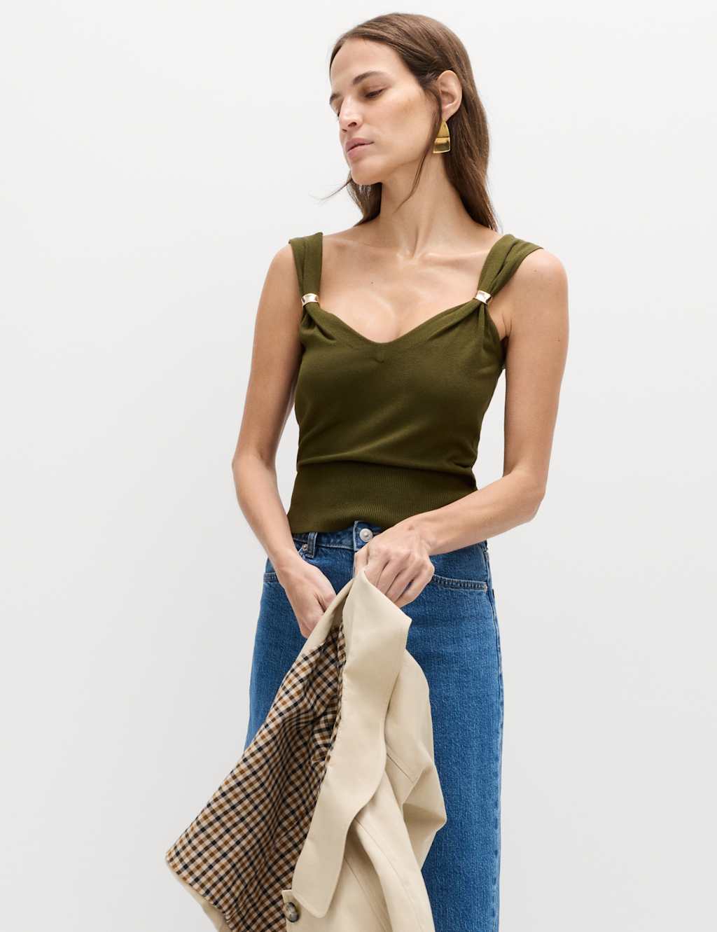 M&S Hardware Detail Slim Fit Cropped Knitted Vest Dark Khaki