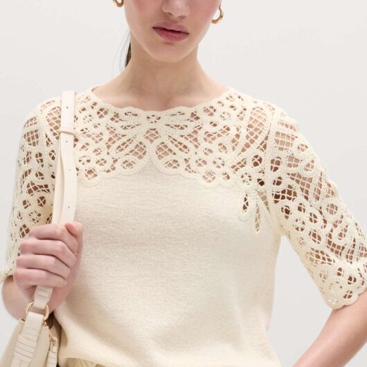 M&S Lace Detail Knitted Top With Cotton Vanilla