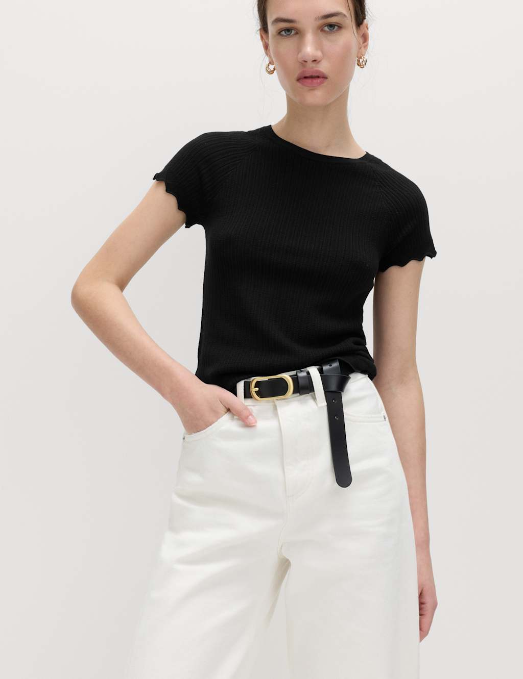 M&S Pointelle Slim Fit Knitted Top Black
