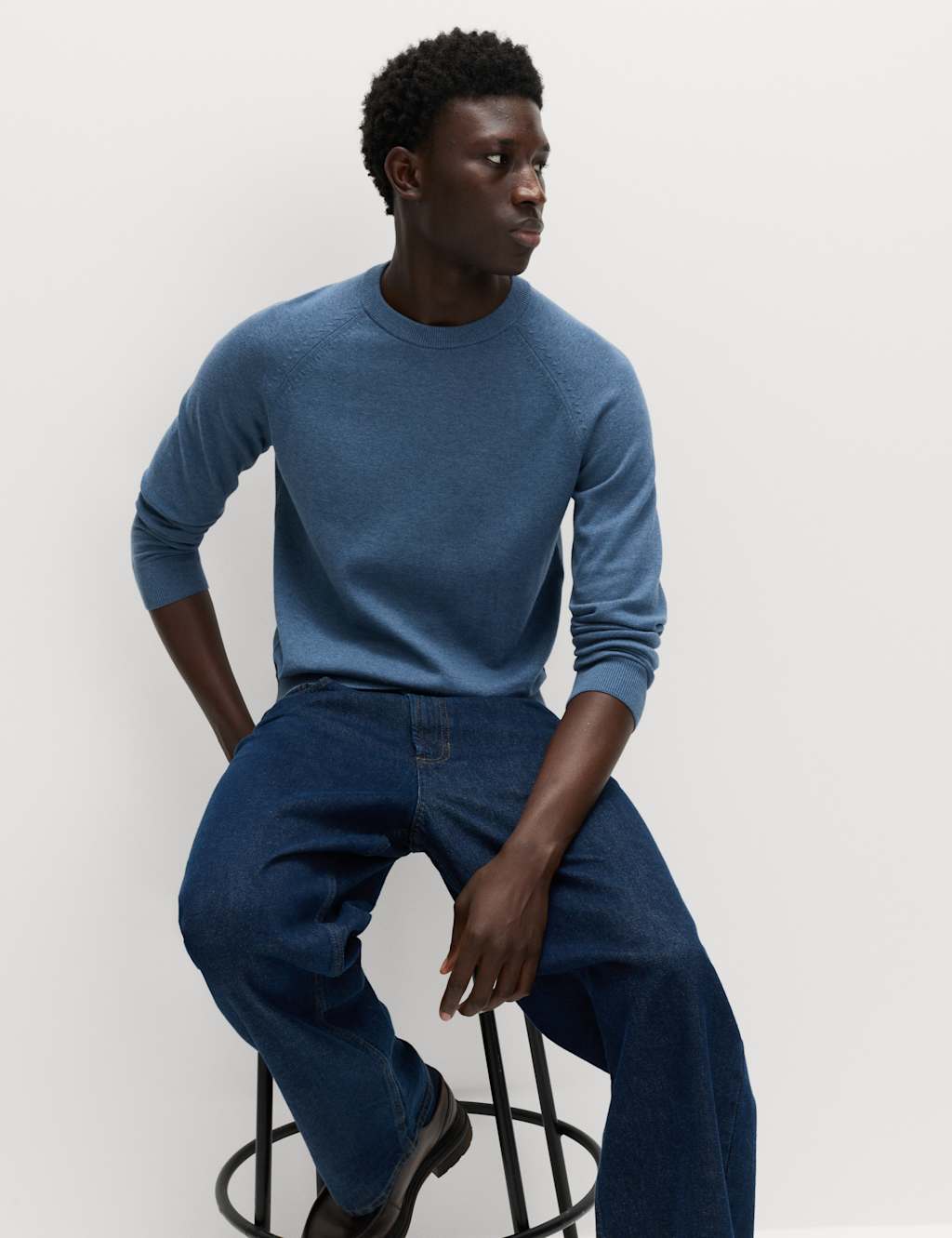 M&S Pure Cotton Crew Neck Jumper Light Denim